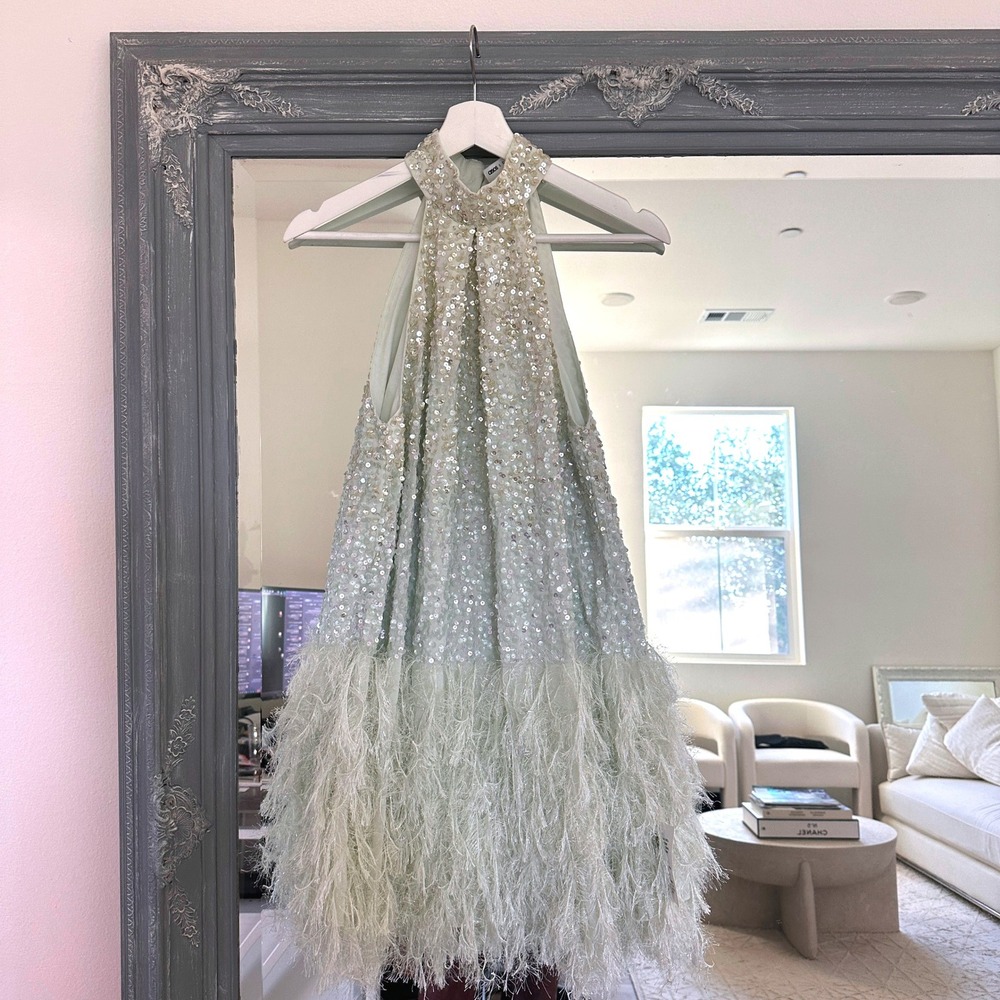 NWT ASOS EDITION Sequin Halter Mini Dress with Faux Feather Hem Party US 2 - Picture 5 of 11